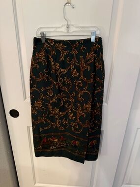 Talbots Petites Vintage Forest Green Floral Scroll Midi Skirt